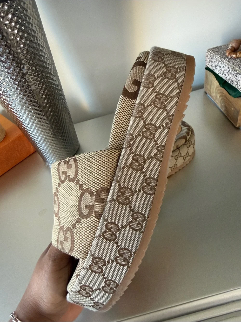 Gucci Brown and Beige GG Canvas Platform Slides